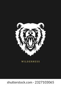 Wütend brüllender Wildbärenkopf Schwarz-Weiß-Skizze T Shirt Print Design Modeposter Vektorgrafik. Aggressive Fleischfresser-Porträt-Silhouette Wild Jagd Raubtier-Emblem