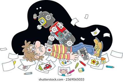 Angry robot choking its competitor an unhappy illustrator lying among scattered sheets of paper with illustrations for little kids, vector cartoon illustration isolated on a white background