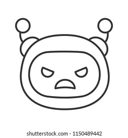 Angry robot emoji linear icon. Frowned chatbot smiley. Thin line illustration. Chat bot emoticon. Artificial intelligence. Contour symbol. Vector isolated outline drawing. Editable stroke