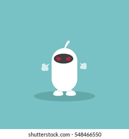 Angry robot with red eyes blowing steam. Flat cartoon vector illustration, clip art