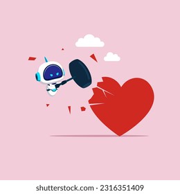 Angry robot using big hammer to hit broken heart shape of problem. Flat vector illustration