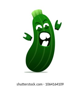 Angry rock n roll zucchini cartoon character. Vegetarian food. Funny screaming fresh healthy marrow. For recipe, cook book, article