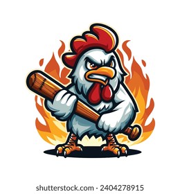 ANGRY ROOSTER BASEBALL ILLUSTRATION VECTOR IN BROWN, RED, YELLOW, ORANGE, WHITE AND DEEP BLUE WITH WHITE BACKGROUND