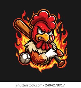 ANGRY ROOSTER BASEBALL MASCOT LOGO VECTOR IN RED, YELLOW, ORANGE, BLACK, BROWN AND WHITE WITH BLACK BACKGROUND