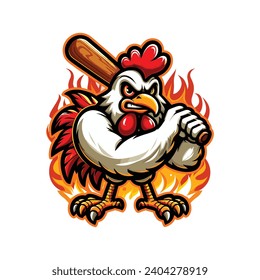 ANGRY ROOSTER BASEBALL MASCOT LOGO VECTOR IN RED, YELLOW, ORANGE, WHITE, GREY AND BROWN WITH WHITE BACKGROUND