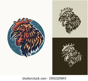 Angry rooster head, hand drawn line style with digital color, vector illustration