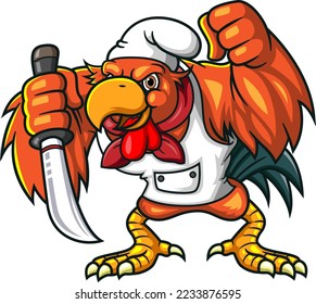The angry rooster holding knife of illustration