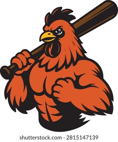 Angry Rooster Mascot Carrying Baseball Bat design