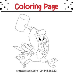  angry rooster with wooden hammer coloring book page for children.