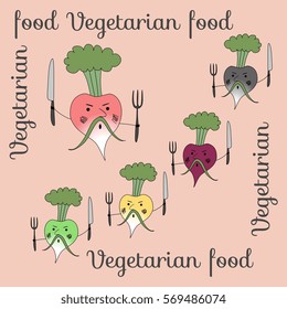 Angry root vegetables: turnips, radishes, beets, radishes.  Vector illustration. Vegetarian food.