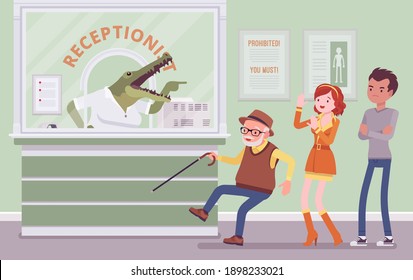 Angry Rude Hospital Receptionist With Aggressive Crocodile Face. Patients In Medical Clinic Office Attacked By Alligator Woman At Reception, Impolite Greeting Vector Flat Style Cartoon Illustration