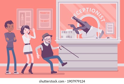 Angry Rude Hospital Receptionist With Aggressive Crocodile Face. Patients In Medical Clinic Office Attacked By Alligator Woman At Reception, Impolite Greeting. Vector Creative Stylized Illustration