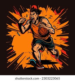 Angry running Basketball player with the ball. cartoon vector illustration, isolated background, label, sticker