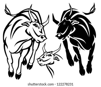 angry running bull vector illustration - black and white outline