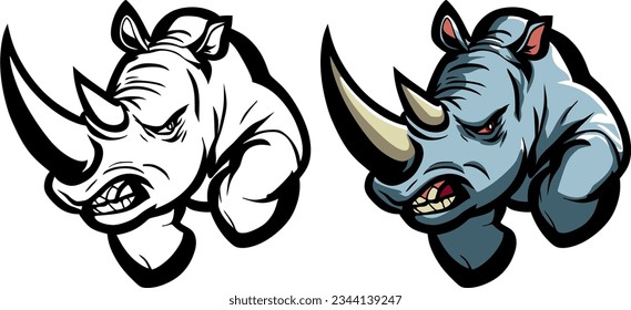 angry running gray rhinoceros, color vector illustration