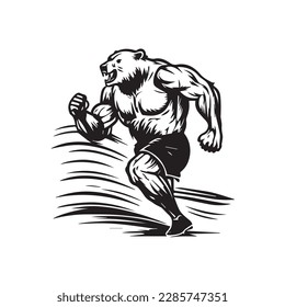 Angry running grizzly bear mascot. black white line art vector illustration