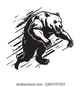 Angry running grizzly bear mascot. black white line art vector illustration