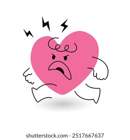 angry running heart mascot with lightning symbols. disapproval conversation. reaction or communication emoji. vector illustration on white bg. editable stroke