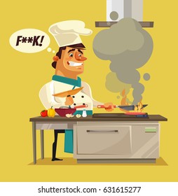Angry Sad Bad Chef Character Burn Food. Vector Flat Cartoon Illustration