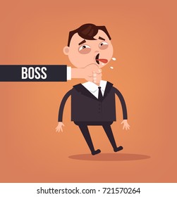 Angry sad boss hold his bad employee man character neck. Vector flat cartoon illustration