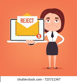 Angry Sad Businessman Office Worker Woman Character Receive Reject Letter Document Envelope By Email Online Web Site. Vector Flat Cartoon Illustration