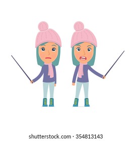 Angry and Sad Character Winter Girl making presentation using pointer. for use in presentations, etc.