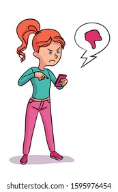 Angry sad frustrated girl because of dislike on white. Negative reviews on media social network. Unhappy child female character. Schoolgirl addicted to smartphone. Vector flat illustration