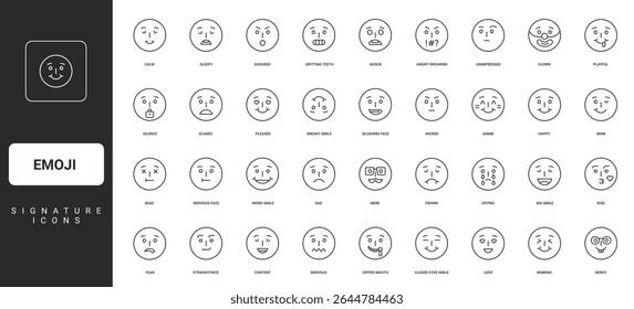 Irritado e triste, rosto feliz com sorriso e piscadela, óculos finos símbolos preto ilustração vetor. Emoji, emoticons com expressão diferente e humor, amor e ódio emotion line icon set.