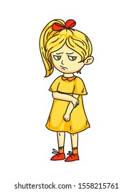 Angry sad mad moody cartoon child character. Negative kid emotion, bad behavior. Girl do not talk after quarrel. Conflict. Relationship and friendship. Vector cutout flat illustration
