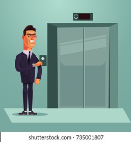 Enfadado y triste nervioso empresario que espera el ascensor. Dibujo de dibujos animados planos vectoriales