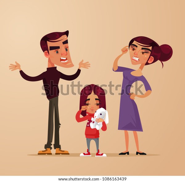 Angry\
sad parents man woman characters quarrel near girl child daughter.\
Family problems. Vector flat cartoon\
illustration
