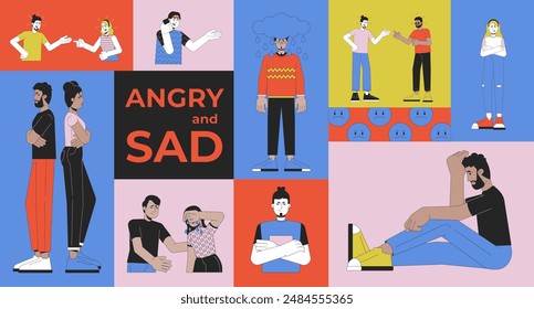 Angry and sad people bento grid illustration set. Domestic quarrels, arguing, complaining 2D vector image collage design graphics collection. Diverse adults flat characters moodboard layout