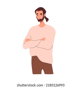 Angry sad person frowning. Frustrated upset thoughtful man with unhappy pensive face expression and arms crossed. Gloomy disappointed pessimist. Flat vector illustration isolated on white background