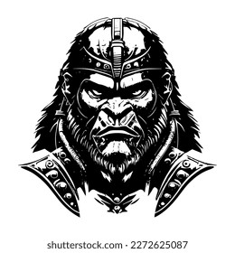 Angry samurai gorilla logo black and white hand drawn illustration
