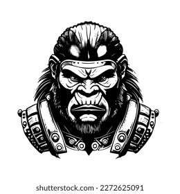 Angry samurai gorilla logo black and white hand drawn illustration