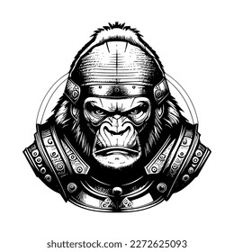 Angry samurai gorilla logo black and white hand drawn illustration