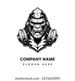 Angry samurai gorilla logo black and white hand drawn illustration