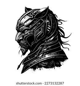 Angry samurai panther illustration logo black and white hand drawn illustration