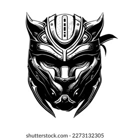 Angry samurai panther illustration logo black and white hand drawn illustration