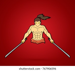 Angry Samurai standing with swords front view graphic vector.