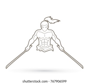 Angry Samurai standing with swords front view outline graphic vector.