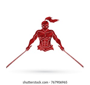 Angry Samurai standing with swords front view designed using grunge brush graphic vector.
