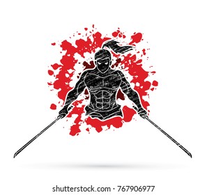 Angry Samurai standing with swords front view designed on splatter blood background graphic vector.