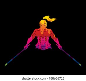 Angry Samurai standing with swords front view designed using colorful graphic vector.
