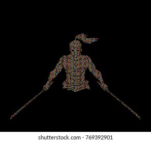Angry Samurai standing with swords front view designed using mosaic graphic vector.
