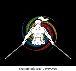 Angry Samurai standing with swords front view designed on spin wheel background graphic vector.