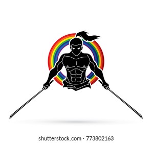 Angry Samurai standing with swords front view designed on line rainbows graphic vector.