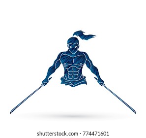 Angry Samurai standing with swords front view designed using grunge brush graphic vector.