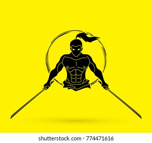 Angry Samurai standing with swords front view graphic vector.