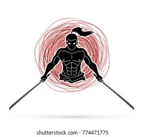 Angry Samurai standing with swords front view designed on grunge line graphic vector.